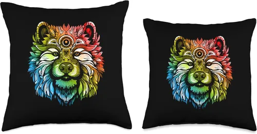 Vista 3 de Dogs Artwork Style Chow Dog Portrait Animal Head Colorful Throw Pillow, 16x16, Multicolor