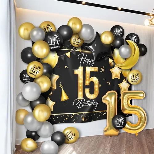 Vista 13 de Juego de globos dorados de feliz cumpleaños número 10 – Saludos a los 10 años de edad, guirnalda temática de fiesta con estrellas y luna, decoración