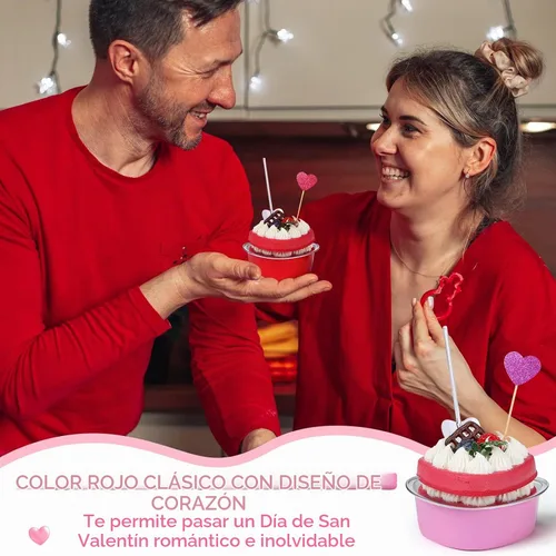Vista 6 de El juego de 300 moldes para tartas de corazón incluye 3.4 onzas de aluminio desechable de San Valentín, molde para hornear postres, cuchara de Rojo