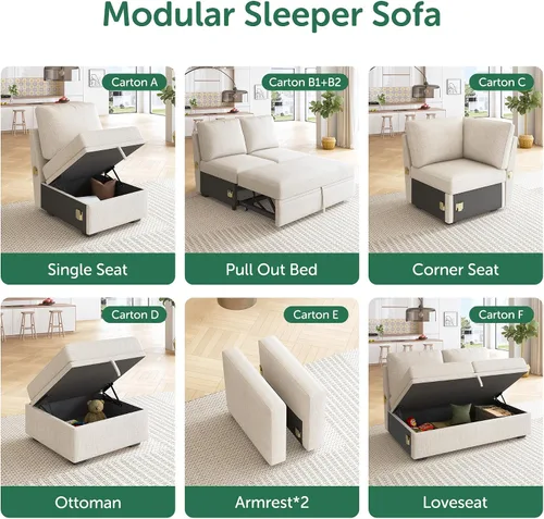 Vista 4 de HONBAY - Asiento esquinero para sofá cama modular, módulo de esquina para sofá cama modular con cama extraíble, color beige