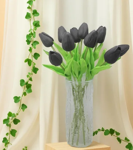 Vista 6 de Flores artificiales, 10 cabezas, mini tulipán artificial de tacto real para decoración del hogar, boda, fiesta, centro de mesa (negro)