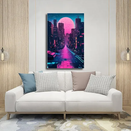 Vista 5 de Póster estético de onda de vapor de neón, arte de pared futurista retro de los años 80 para dormitorio, pintura decorativa, lienzo, arte de pared