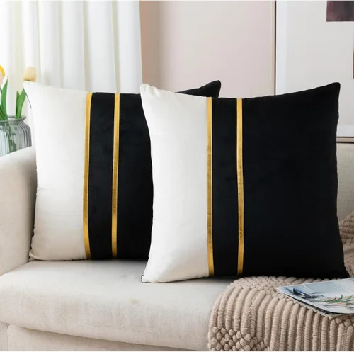 Vista 16 de ZLINA Juego de 2 fundas de almohada decorativas de terciopelo verde aguamarina y blanco con parches y cuero dorado de 16 × 16 pulgadas, fundas