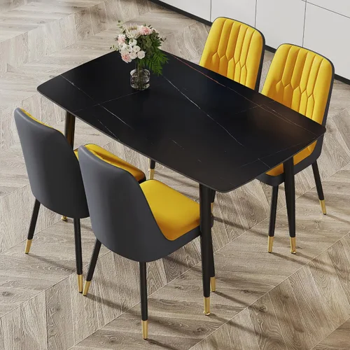 Vista 18 de Juego de 5 mesas de comedor modernas de piedra sinterizada de 50 pulgadas, mesa de cocina rectangular de mármol sintético con 4 sillas de piel