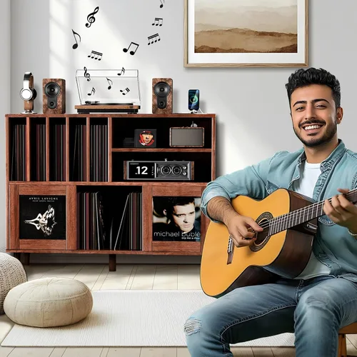 Vista 2 de Soporte XL para tocadiscos con puertas corredizas, gabinete de almacenamiento para más de 500 discos de vinilo con estación de carga y puertos USB