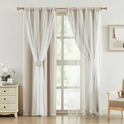 Vista 3 de Bujasso Cortinas Beige 80% Opacas con Superposición de Tul Mezcla y Combina Paneles de Ventana de Doble Capa con Aislamiento Térmico de 63 pulgadas