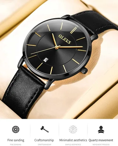 Vista 4 de OLEVS Brown Black Leahter Strap Quartz Analog Ultra Thin Minimalist Male Wrist Watches Waterproof Date Dial