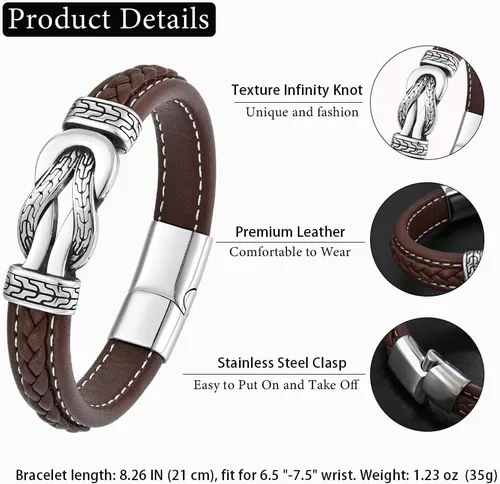 Vista 6 de Pulsera de cuero con nudo infinito para hombre, acero inoxidable, negromarrón, cuero genuino, trenzada, pulsera de joyería para hombres, padre