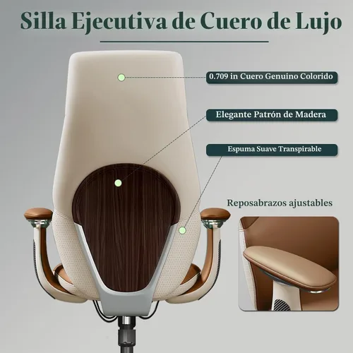 Vista 5 de Silla ejecutiva ergonómica de cuero genuino, respaldo alto de 400 libras