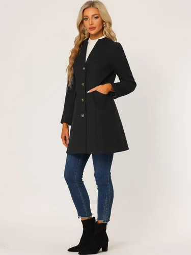 Vista 3 de Allegra K Abrigo de invierno elegante con cuello en V para mujer, abrigo largo de un solo pecho