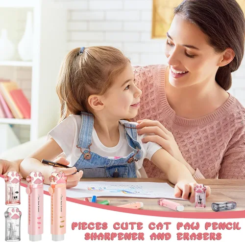 Vista 7 de Sabary 4 piezas de artículos de papelería de pata de gato, 2 sacapuntas Kawaii, 2 borradores retráctiles para niños, hogar, oficina, escuela Naranja