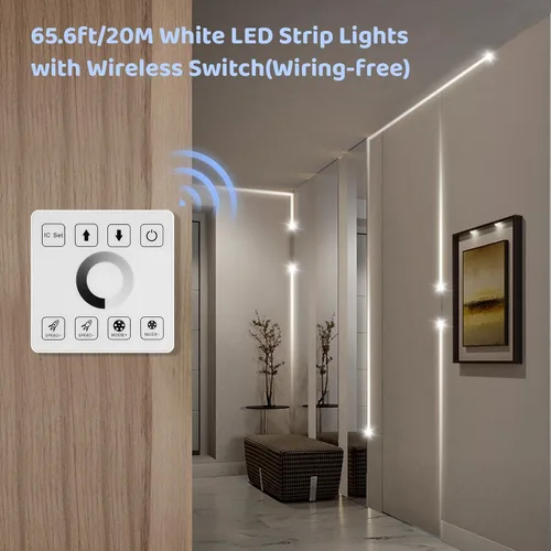 Vista 2 de Tira de luces LED blancas de 65.6 pies, 6500 K, tira de luz LED blanca que fluye de agua corriente con panel táctil, control inalámbrico, 28 modos