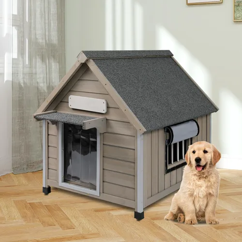 Vista 10 de Gowoodhut Casa para perros al aire libre, resistente a la intemperie, gran perrera de madera para interiores para perros pequeños con marco a prueba
