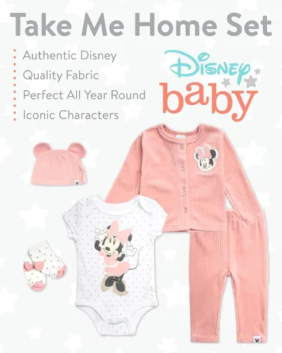 Vista 2 de Disney Baby Girls Take Me Home - Conjunto de 5 piezas de Minnie Mouse enterizo, camisa, pantalones, sombrero, calcetines, esencial para recién