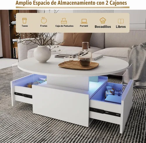 Vista 3 de HedoAjim Mesa de café redonda de 31.5" para sala de estar, mesa moderna de sala de estar con LED y almacenamiento, mesas de café cuadradas