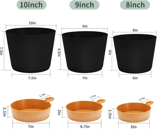 Vista 2 de GARDIFE Macetas de 10/9/8 pulgadas para plantas de interior, macetas auto-regantes, macetas de riego automático, macetas de flores, negras