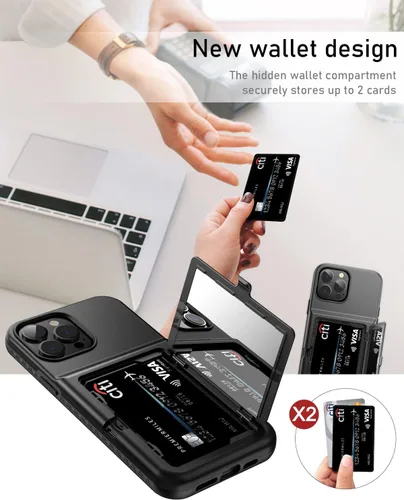 Vista 5 de WeLoveCase Funda para iPhone 13 Pro Max para mujer con tarjetero y espejo oculto, dos capas a prueba de golpes resistente funda protectora tipo Negro