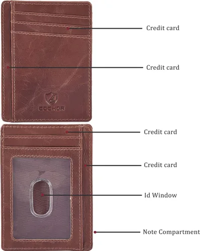 Vista 4 de Cartera minimalista delgada con bolsillo frontal RFID con bloqueo de piel real para hombres y mujeres