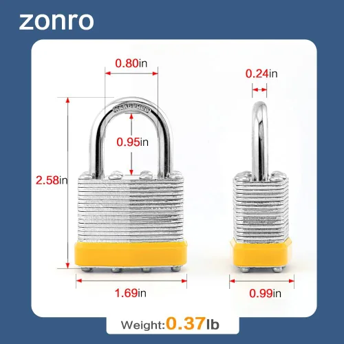 Vista 2 de ZonRo Candados con llave de acero laminado, cerraduras iguales con llave, 1-9/16 pulgadas de ancho, candados de grillete normal, paquete de 6, aro