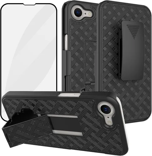Vista 14 de Ailiber - Funda con clip para cinturón para iPhone 13/14, protector de pantalla, color negro Swivel Stand Holder, Slim Shell Slide Pouch Full Body