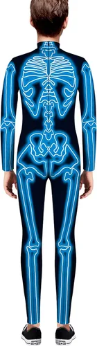 Vista 4 de ALUWU Disfraz de esqueleto de Halloween para niños, overol con estampado 3D para niño y niña, overol azul para cosplay, talla 11 a 12 años