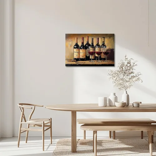Vista 2 de XLMDYYSW Arte de pared vintage para cocina, imagen rústica de vino tinto y uva, pintura de queso de granja, botella de vino, impresiones en lienzo