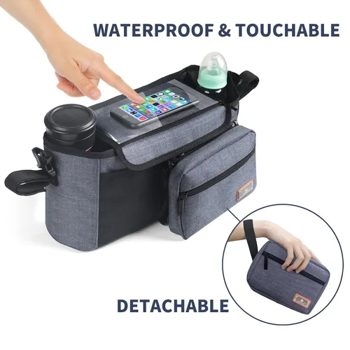 Vista 5 de Homlynn Organizador universal para cochecito, bolsa de almacenamiento grande con portavasos y correas de hombro y bolsillo desmontable, carrito