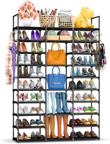 Vista 9 de Kottwca - Zapatero de 7 niveles de metal para entrada y armario, con capacidad para 24-28 pares, estante apilable para zapatos y botas con ganchos