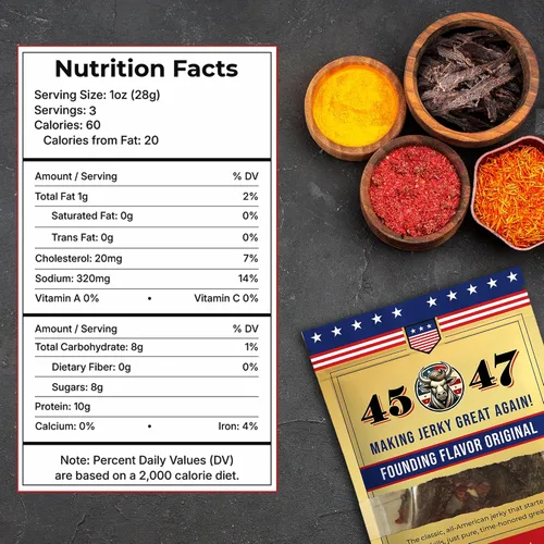 Vista 2 de Carne seca 45-47 – Carne seca premium hecha en Estados Unidos, 0.35 onzas de proteína por porción, baja en grasa, sin gluten, aperitivo audaz