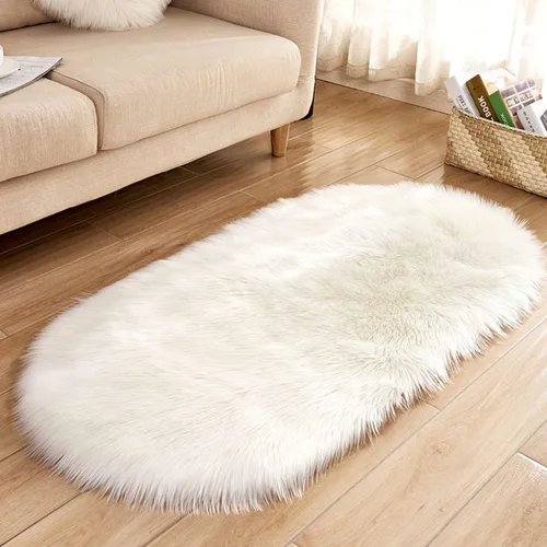 Vista 13 de CHITONE Alfombra ovalada de piel de oveja sintética, grande y larga, manta decorativa de piel sintética para cama, alfombra, tapete para sofá, Beige