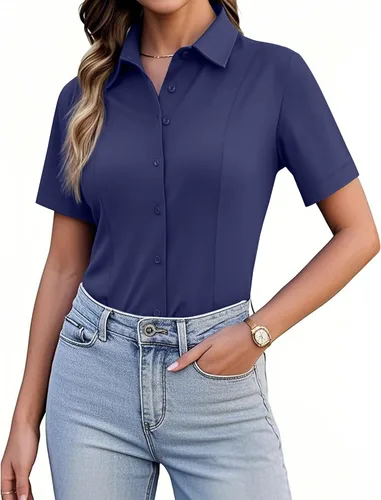 Vista 21 de Siliteelon Camisetas de Botón para Mujer, Ajustadas, de Manga Corta, Elásticas, Camisa de Vestir, Sin Arrugas, Sólida, Blusa de Trabajo