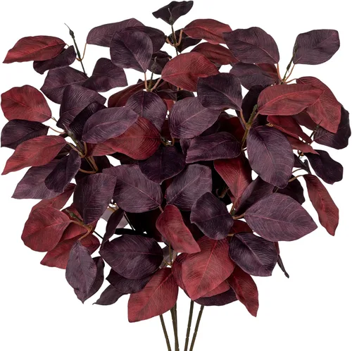 Vista 8 de Briful 3 piezas de hojas de otoño artificiales de magnolia arbustos de hojas de otoño de 15 pulgadas, color burdeos para florero, arreglo floral 3