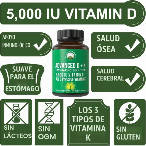 Vista 3 de Peak Performance Vitamina D avanzada de 5000 UI con los 3 tipos de vitamina K, vitamina D3 y vitamina K2, K1, MK-7 (MK7), suplemento MK4. 60