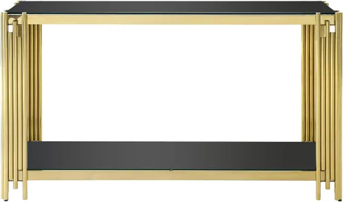 Vista 3 de Mesa consola moderna de cristal, mesa de sofá dorada de 55 pulgadas con marco de metal resistente y parte superior de vidrio templado negro
