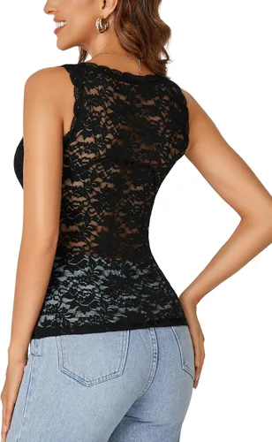 Vista 5 de Rooscier - Blusa sin mangas para mujer, con encaje floral, cuello en V, con volantes, transparente, sin sujetador