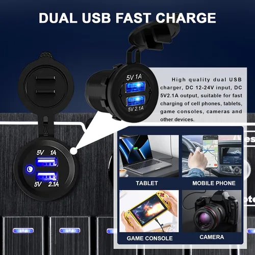 Vista 3 de Panel de interruptores basculantes para lanchas marinas, panel de interruptor de palanca impermeable de 8 bandas con doble USB y panel voltímetro