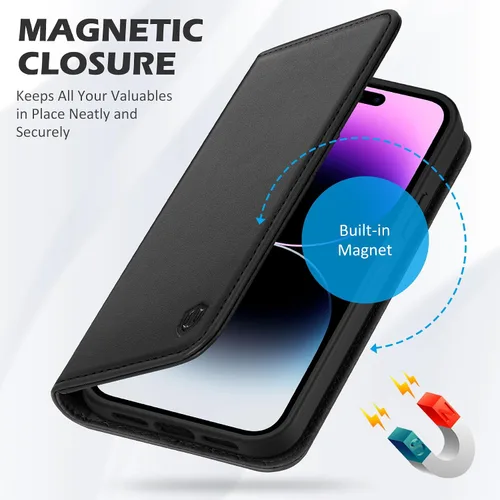 Vista 7 de SHIELDON - Funda tipo cartera de piel auténtica para iPhone 14 Pro de 6.1 pulgadas 2022, color negro Magnetic Closure, RFID Blocking, Credit Card