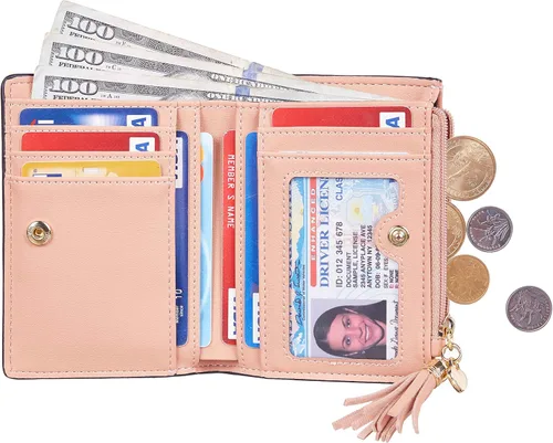 Vista 5 de Gostwo Mini cartera pequeña plegable para mujer con borla y bolsillo con cremallera para monedas, Rosa Con Llavero, Moda
