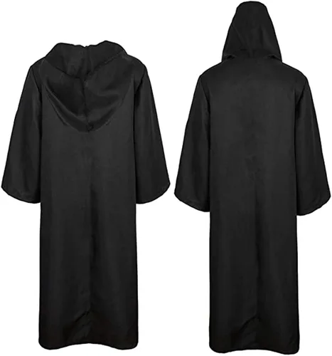 Vista 2 de kinstell Jedi - Bata de uniforme con capucha, trajes de caballero negro, uniforme completo de túnica de Halloween, Darth con capucha, bata de cosplay
