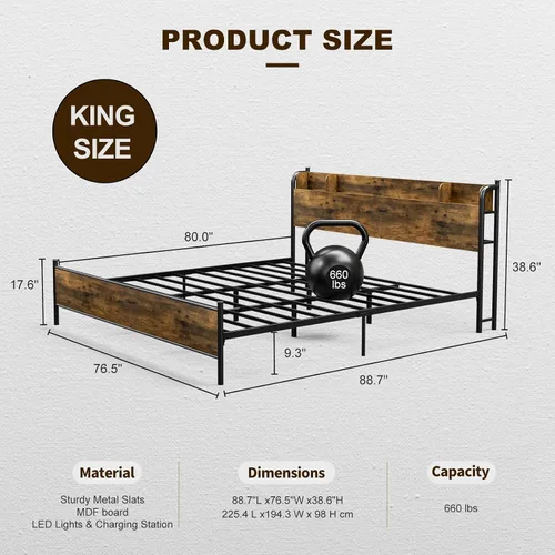 Vista 2 de IKIFLY Base de cama tamaño King con cabecera de estante de almacenamiento y Marrón rústico