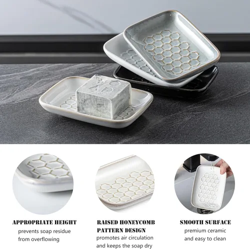 Vista 4 de Gomakren Jabonera para ducha, soporte de cerámica para jabón con diseño de panal, bandeja ahorradora de jabón para fregadero de cocina y baño, Beige