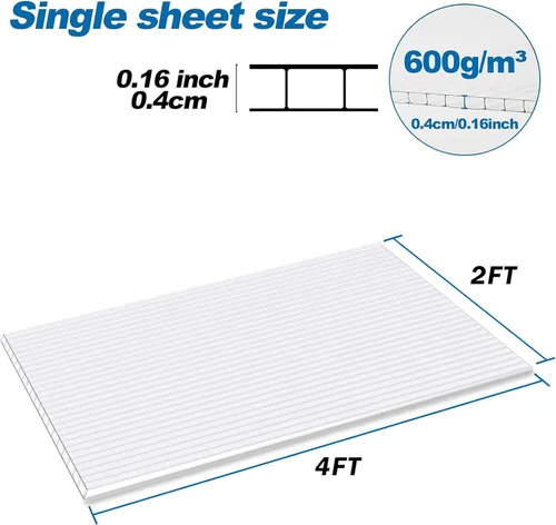 Vista 6 de Paneles de policarbonato para invernadero, paquete de 14 hojas de pared doble de 4mm, 4 pies (ancho) x 2 pies (largo) x 0.16 pulgadas - resistentes