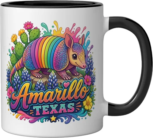 Vista 2 de Amarillo Texas Fun Colorful Armadillo Novelty Souvenir Ceramic Mug, Black/White
