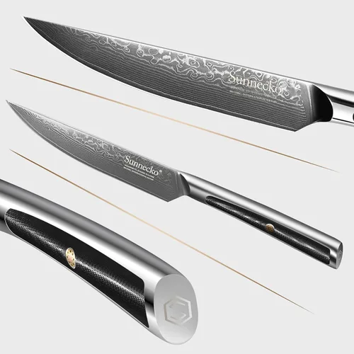 Vista 3 de Sunnecko Cuchillo para Carne de Cocina de 5 Pulgadas, Cuchillo para Carne de Damasco VG-10, Acero Japonés, Cuchillos de Carne No Dentados de Espiga