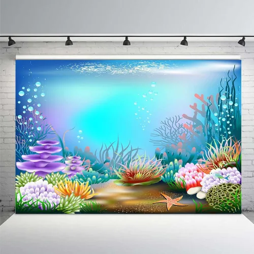 Vista 2 de MEHOFOND Fondo de fotografía azul morado bajo el mar de 8 x 6 pies, temática de sirena oceánica, decoración de fiesta de cumpleaños, burbujas