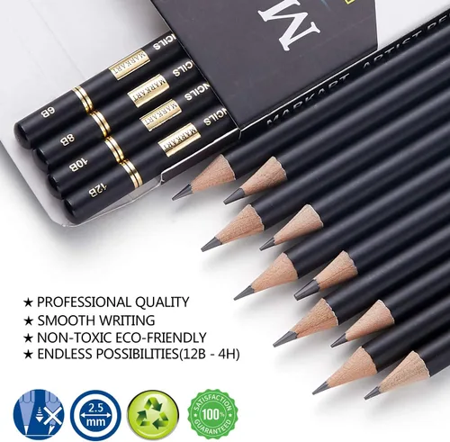Vista 3 de MARKART Juego de lápices de dibujo profesional – 14 lápices de grafito de dibujo artístico (12B - 4H), ideal para dibujar arte, dibujar, sombrear