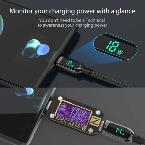 Vista 3 de SOOPII cable USB C de 100 W 0,30 mt, cable USB C a USB C de carga rápida, cable trenzado de nailon con pantalla LED para lPhone 16/15 Pro/15 Plus/15