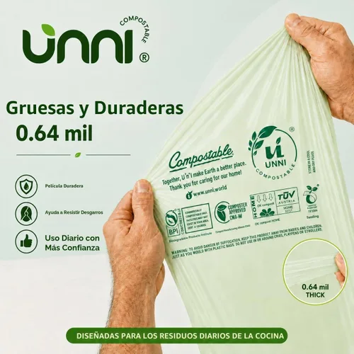 Vista 3 de Bolsas de camiseta compostables UNNI con asas de lazo, 1.6 galones / 6 litros, 50 unidades, forros de cajón de cocina pequeños de 0.64 mil