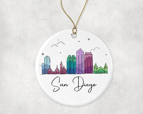 Vista 3 de Adorno de San Diego, adorno de Navidad con puntos de referencia, colorido gráfico de horizonte de ciudad, nuevos regalos para Navidad impresos