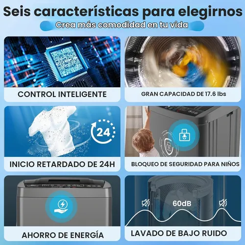 Vista 6 de Nictemaw Lavadora portátil de 17.8 libras con bomba de drenaje, 2.4 pies cúbicos de lavadora y secadora completamente automática, 10 programas, 8